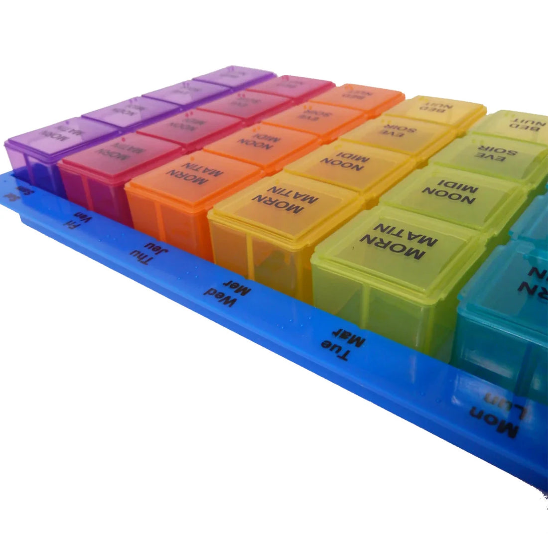 Multicolored weekly pill organizer with compartments for each day of the week. - okotoks hc pharmacy