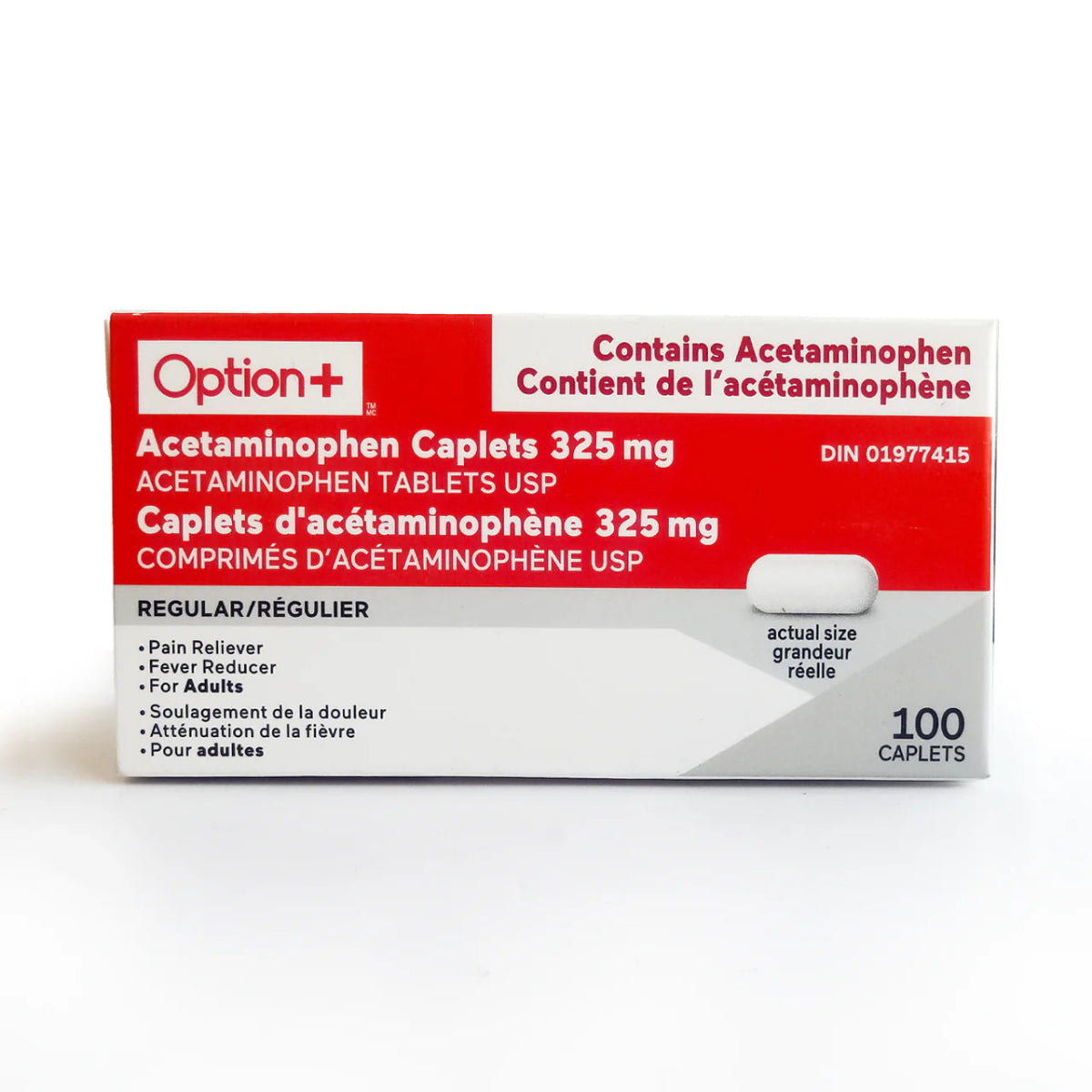 Box of Option+ Acetaminophen Caplets 325 mg on a white background - Okotoks HC Pharmacy