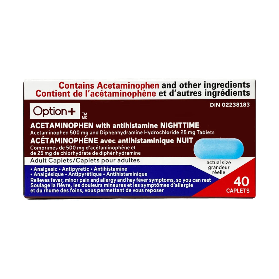 Box of Option+ Acetaminophen with Antihistamine Nighttime caplets on a white background - Okotoks HC Pharmacy