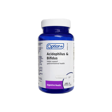 Bottle of Option+ Acidophilus & Bifidus supplement on a white background - okotoks hc pharmacy