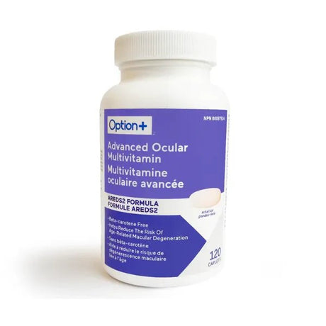 Bottle of Option+ Advanced Ocular Multivitamin on a white background - okotoks hc pharmacy