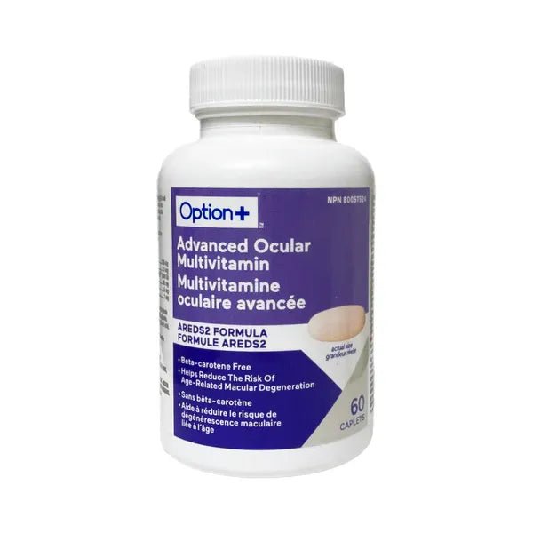 Bottle of Option+ Advanced Ocular Multivitamin on a white background - okotoks hc pharmacy