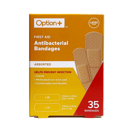Box of Option+ antibacterial bandages on a white background - okotoks hc pharmacy