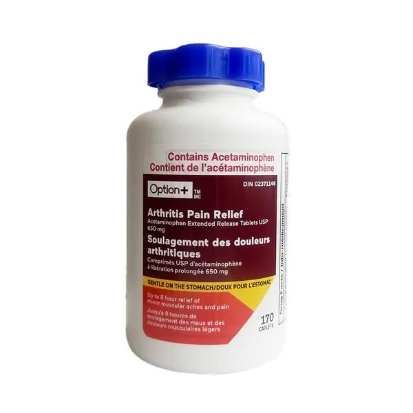 Bottle of Arthritis Pain Relief medication with blue cap on a white background - Okotoks HC Pharmacy