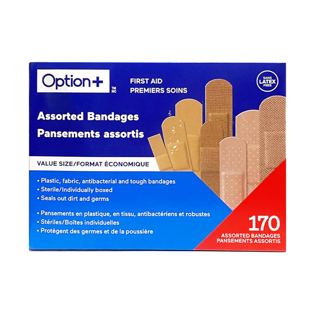 Box of Option+ assorted bandages with a blue and red design. - okotoks hc pharmacy