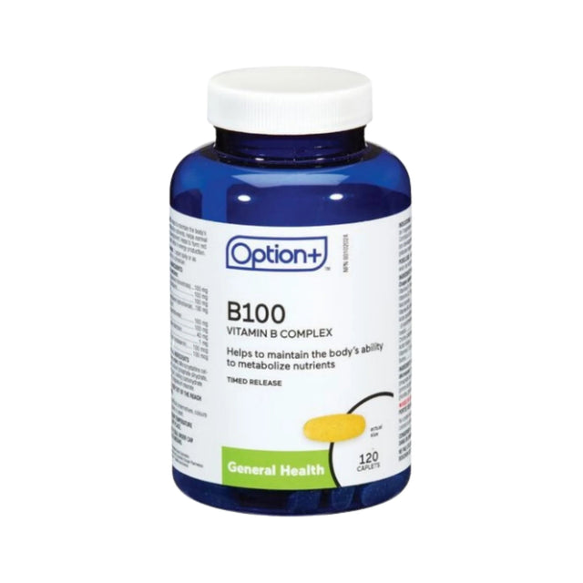 Bottle of Option+ B100 Vitamin B Complex on a white background - okotoks hc pharmacy