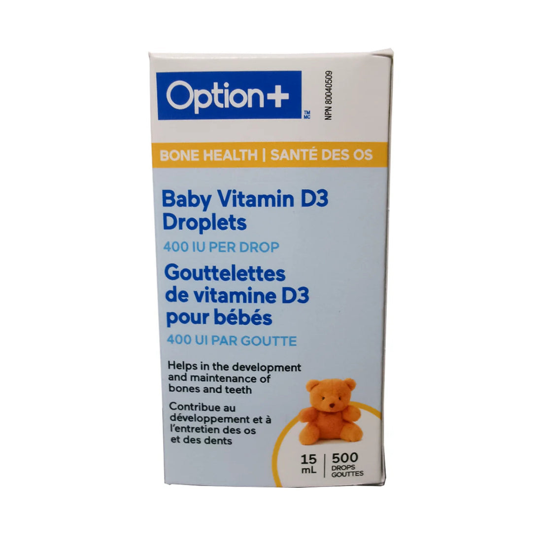 Box of Option+ Baby Vitamin D3 Droplets on a white background - okotoks hc pharmacy