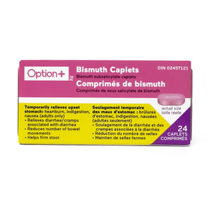 Box of Bismuth Caplets with Option+ branding on a white background - okotoks hc pharmacy