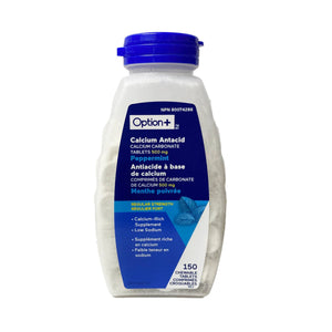 Bottle of Option+ Calcium Antacid on a white background - okotoks hc pharmacy