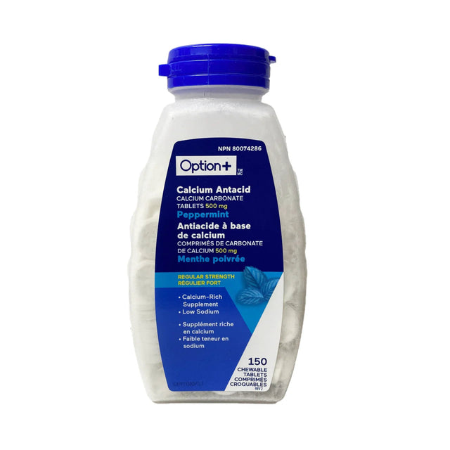 Bottle of Option+ Calcium Antacid on a white background - okotoks hc pharmacy