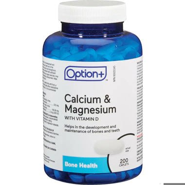 Bottle of Option+ Calcium & Magnesium with Vitamin D supplements on a white background - okotoks hc pharmacy