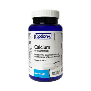 Bottle of Option+ Calcium with Vitamin D tablets on a white background - okotoks hc pharmacy