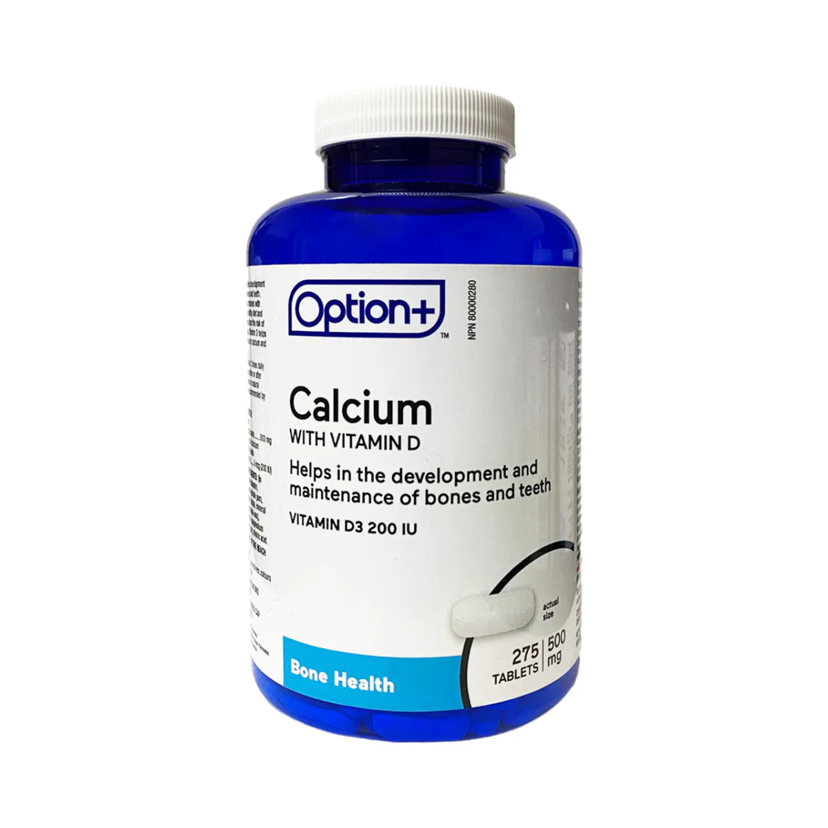 Bottle of Option+ Calcium with Vitamin D supplement on a white background - okotoks hc pharmacy