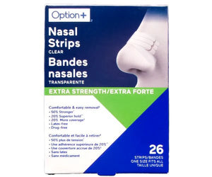 Box of Option+ Nasal Strips with a clear nasal strip on a white background - okotoks hc pharmacy