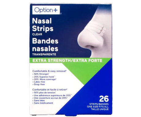 Box of Option+ Nasal Strips with a clear nasal strip on a white background - okotoks hc pharmacy