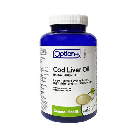 Bottle of Option+ Cod Liver Oil on a white background - okotoks hc pharmacy