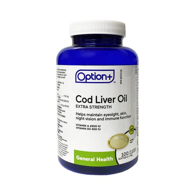 Bottle of Option+ Cod Liver Oil on a white background - okotoks hc pharmacy