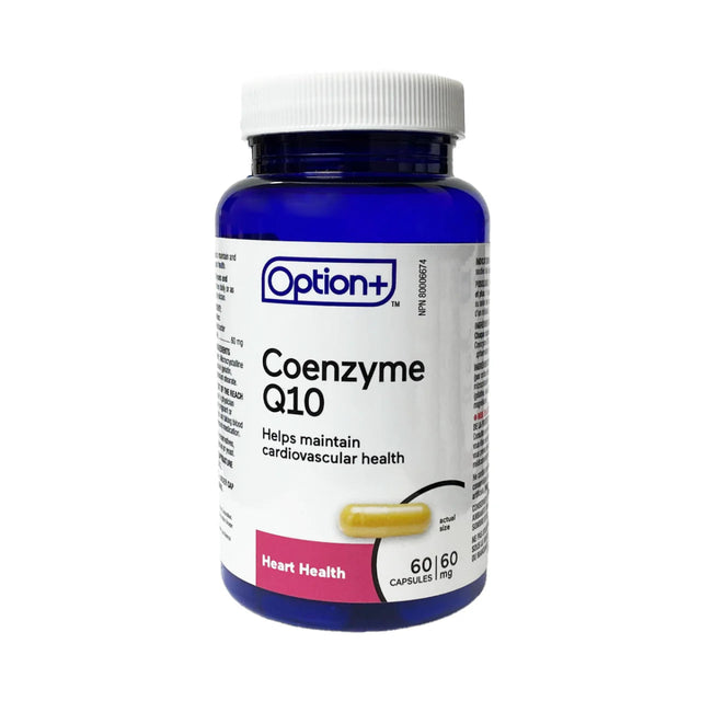 Bottle of Option+ Coenzyme Q10 supplement on a white background - okotoks hc pharmacy