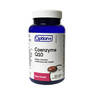 Bottle of Option+ Coenzyme Q10 supplement on a white background - OKOTOKS HC PHARMACY
