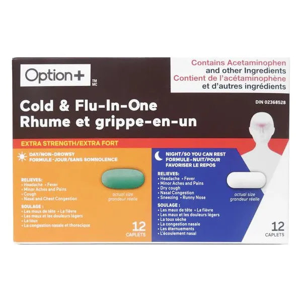 Option+ Cold & Flu In One Extra Strength Day + Night 12 + 12 - Okotoks HC Pharmacy