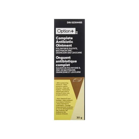 Box of Option+ Complete Antibiotic Ointment on a white background - Okotoks HC Pharmacy