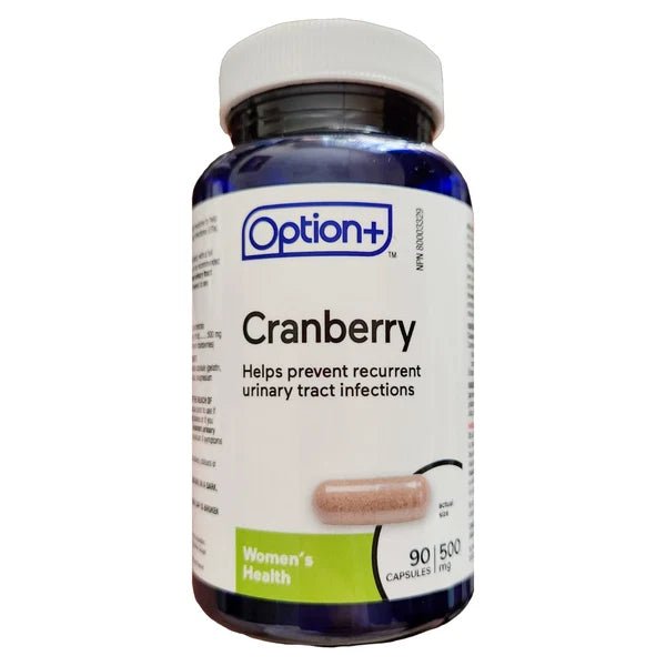 A bottle of Option+ Cranberry dietary supplement capsules, 90 count, on a plain white background. - okotoks hc pharmacy