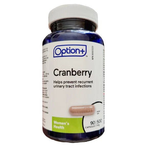 A bottle of Option+ Cranberry dietary supplement capsules, 90 count, on a plain white background. - okotoks hc pharmacy
