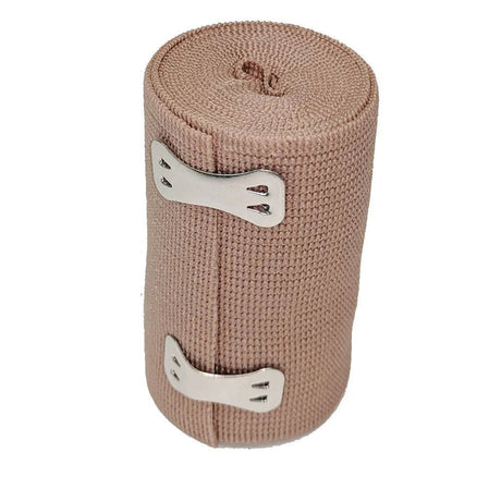 Roll of brown elastic bandage with metal clips on a white background - okotoks hc pharmacy