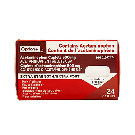 Box of acetaminophen caplets with red and white design on a white background - Okotoks HC Pharmacy