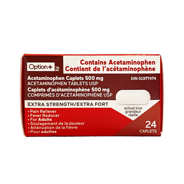 Box of acetaminophen caplets with red and white design on a white background - Okotoks HC Pharmacy