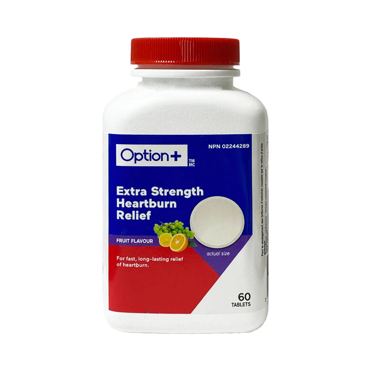 Bottle of Option+ Extra Strength Heartburn Relief tablets on a white background - okotoks hc pharmacy