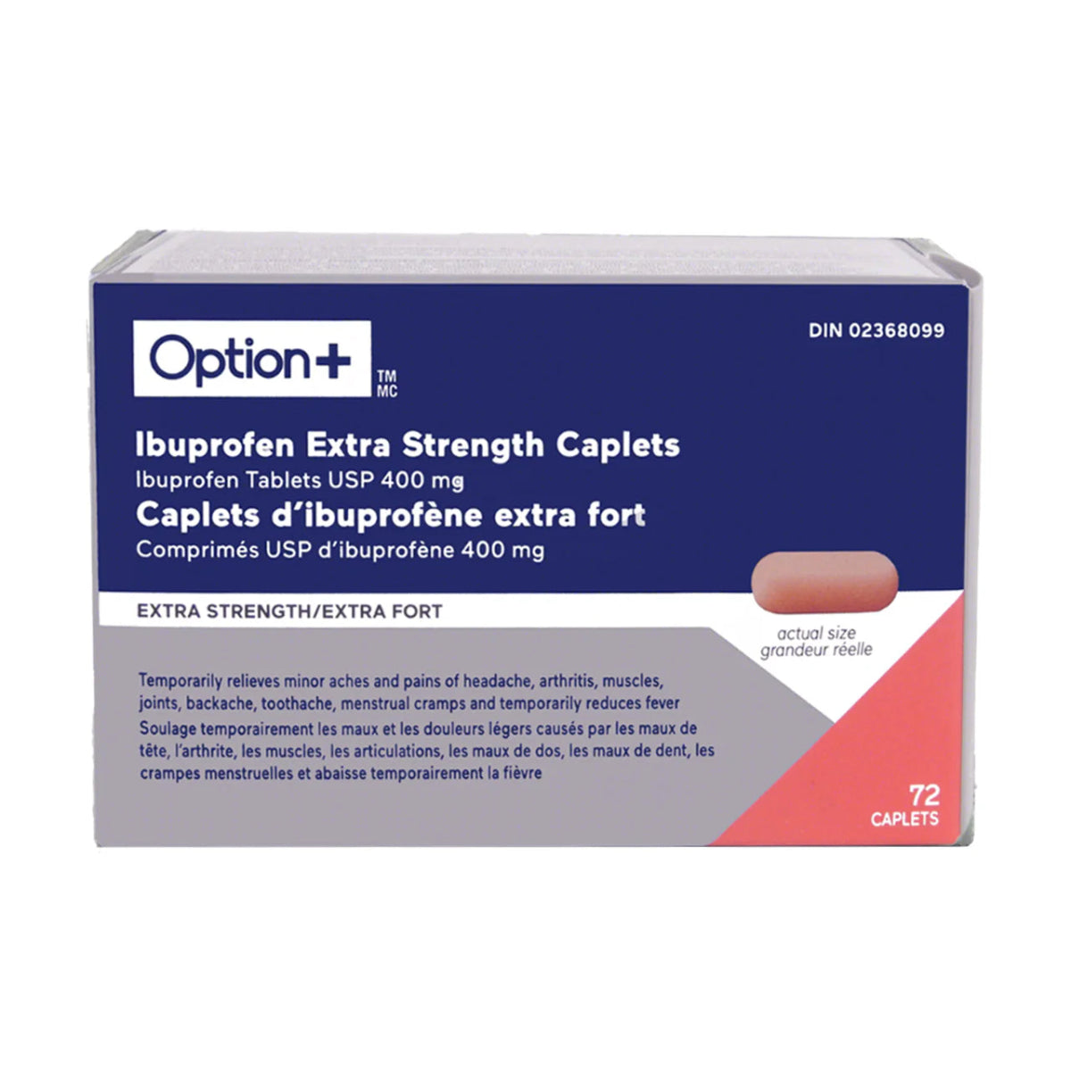 Box of Option+ Ibuprofen Extra Strength Caplets on a white background - Okotoks HC Pharmacy
