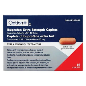 Box of Option+ Ibuprofen Extra Strength Caplets with a pill image on a blue and red background. - Okotoks HC Pharmacy