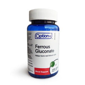 Bottle of Option+ Ferrous Gluconate supplement on a white background - okotoks hc pharmacy