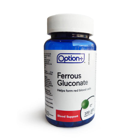 Bottle of Option+ Ferrous Gluconate supplement on a white background - okotoks hc pharmacy