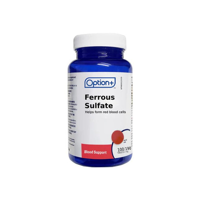 Bottle of Option+ Ferrous Sulfate supplement on a white background - okotoks hc pharmacy