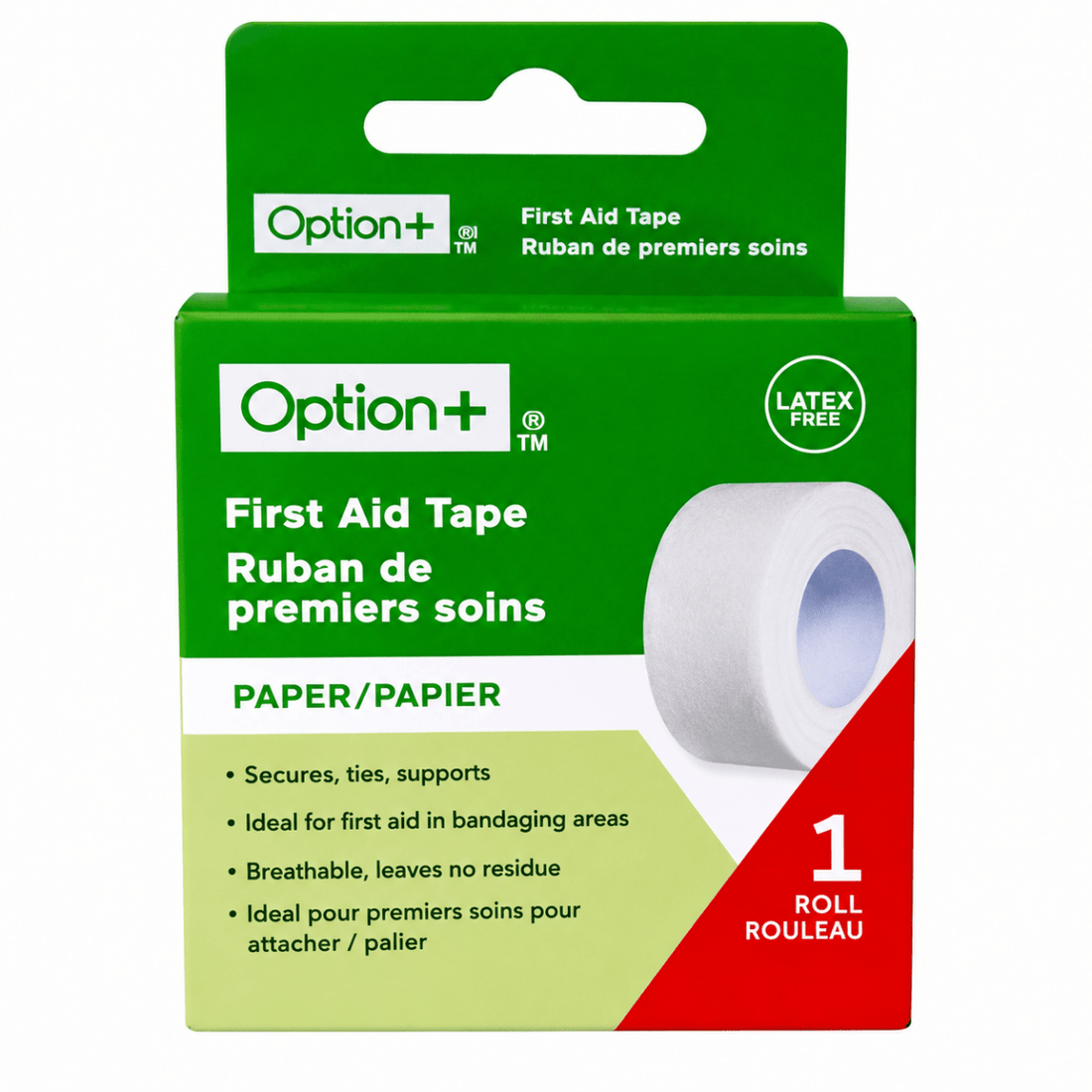 Option+ first aid tape packaging with green and red design on a white background - okotoks hc pharmacy