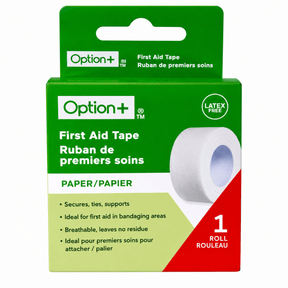 Option+ first aid tape packaging with green and red design on a white background - okotoks hc pharmacy