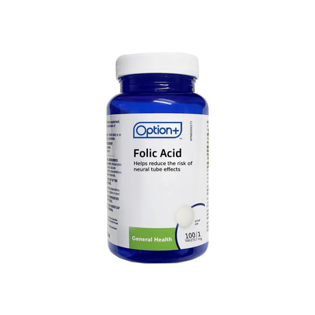 Bottle of Option+ Folic Acid supplement on a white background. - okotoks hc pharmacy