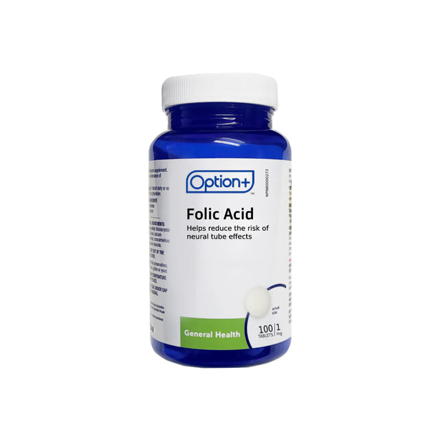 Bottle of Option+ Folic Acid supplement on a white background. - okotoks hc pharmacy