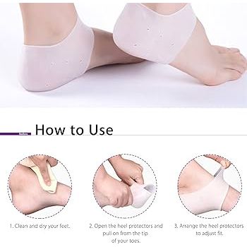 Instructions on how to use heel protectors with a close-up of feet wearing socks. - okotoks hc pharmacy