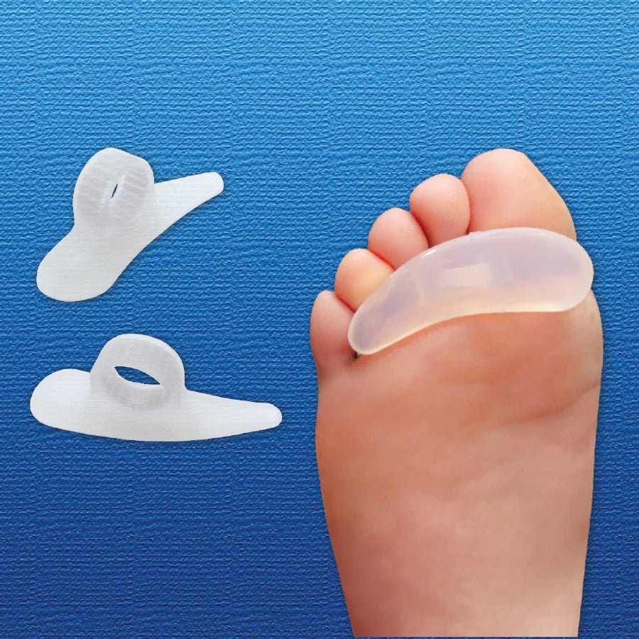 Silicone gel pad on a foot with two additional pads on a blue background - okotoks hc pharmacy