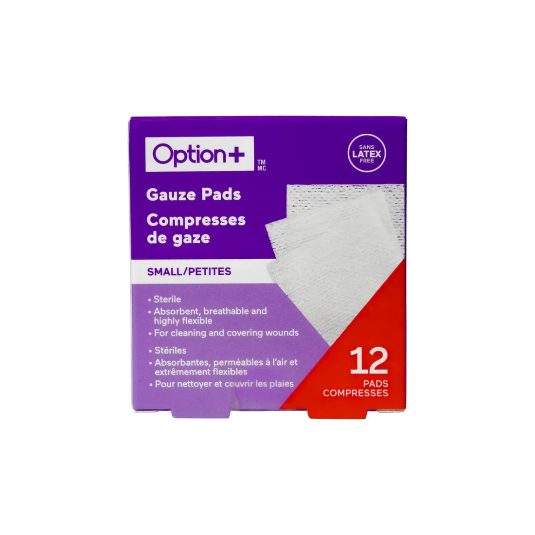 Box of Option+ gauze pads with purple and red design on a white background - okotoks hc pharmacy