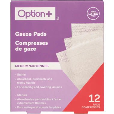 Box of Option+ gauze pads with purple and red design - okotoks hc pharmacy