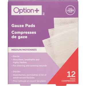 Box of Option+ gauze pads with purple and red design - okotoks hc pharmacy
