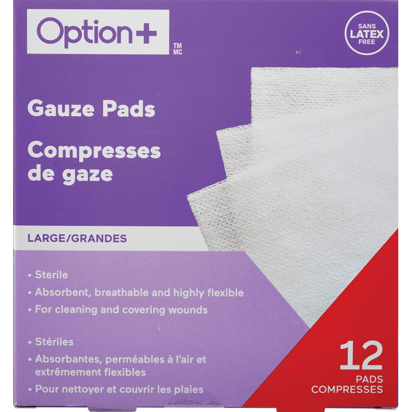 Box of Option+ Gauze Pads with purple and red design - okotoks hc pharmacy