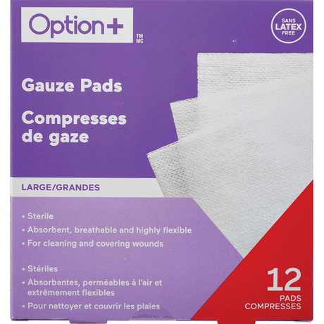 Box of Option+ Gauze Pads with purple and red design - okotoks hc pharmacy