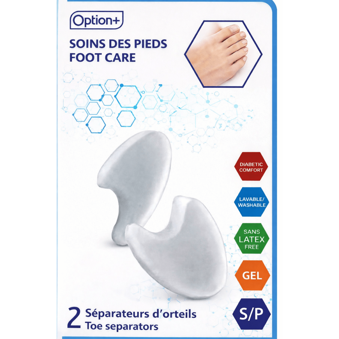 Toe separators with branding and product features on a blue and white background - okotoks hc pharmacy