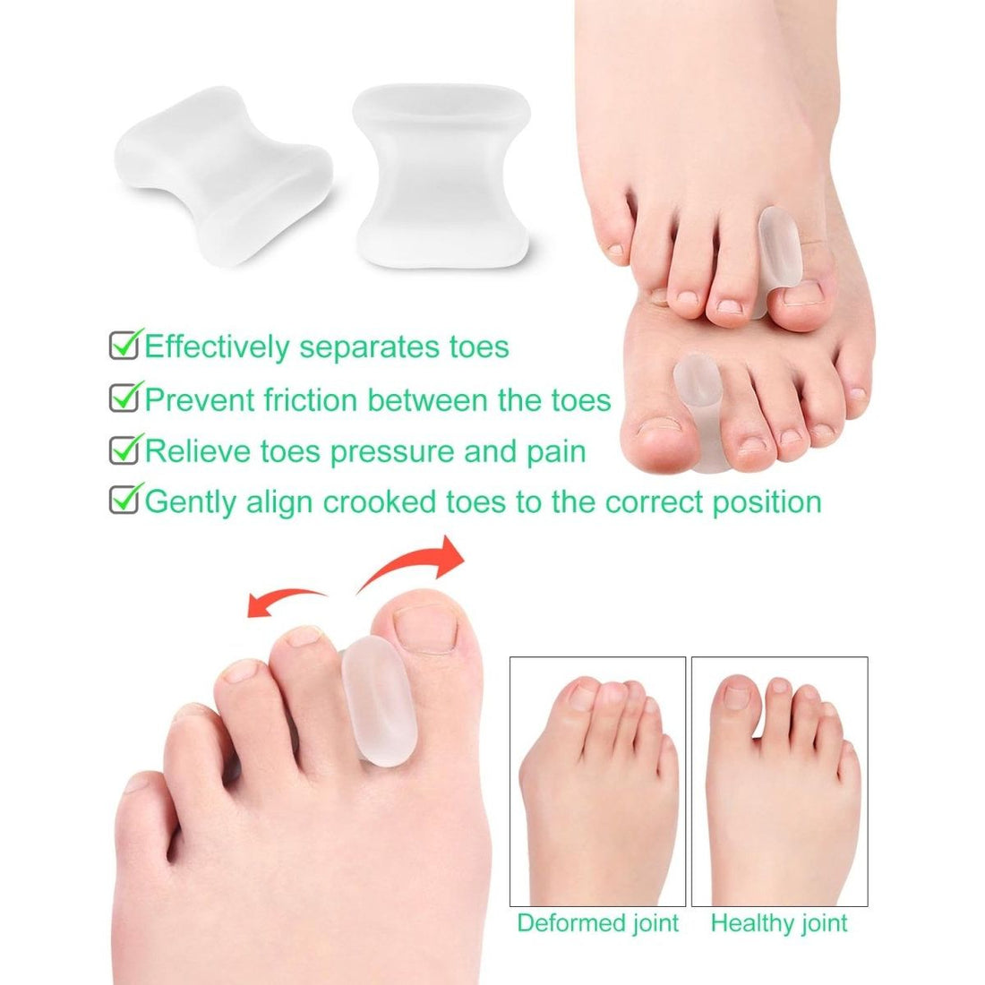 Silicone toe separators being used on feet with text highlighting benefits - okotoks hc pharmacy