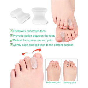 Silicone toe separators being used on feet with text highlighting benefits - okotoks hc pharmacy